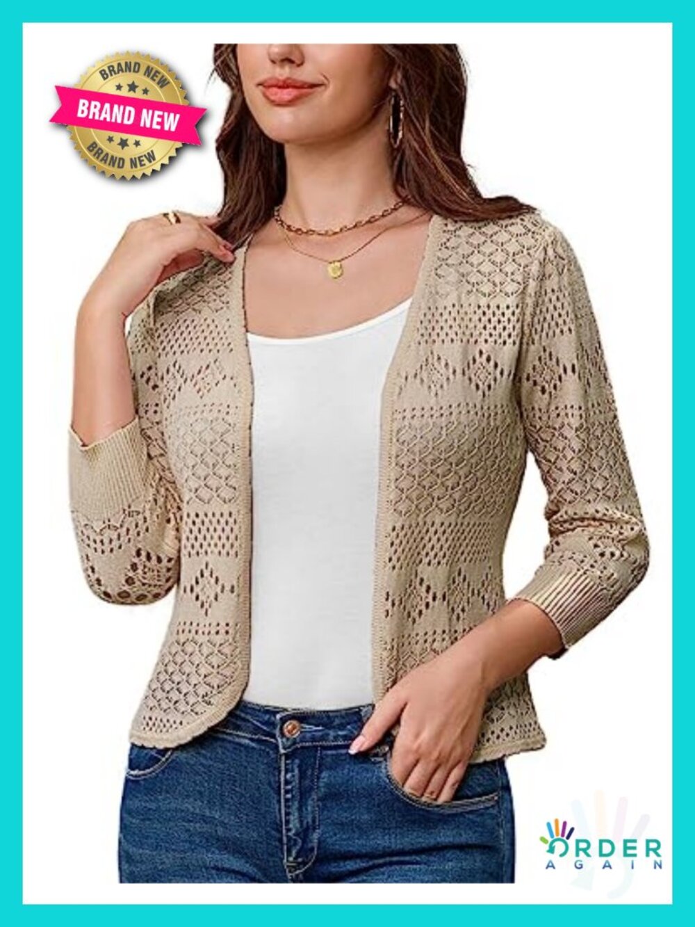Women's 3/4 Sleeve Cropped Crochet Bolero Shrug Open Front Knit Sweater
